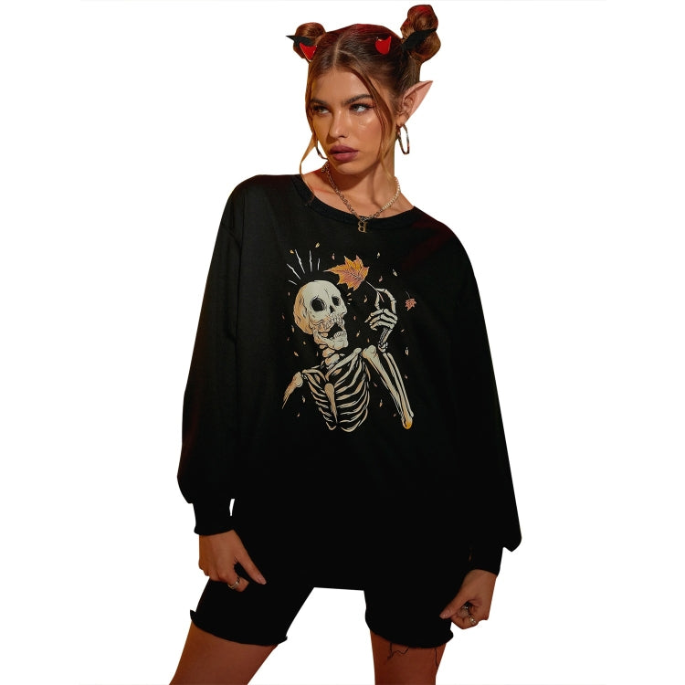 Halloween Personalized Maple Leaf Skull Print Round Neck Long Sleeve Casual Sweatshirt for Women