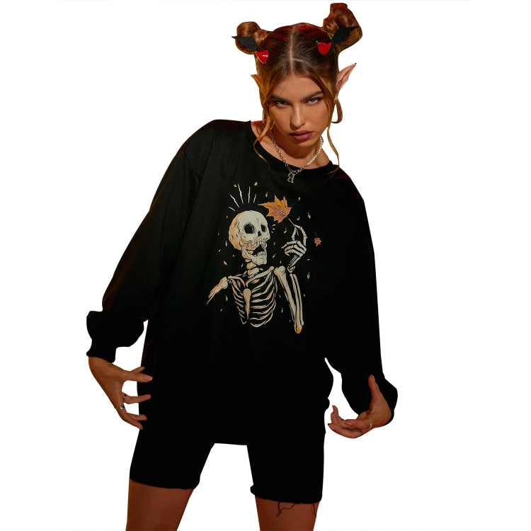 Halloween Personalized Maple Leaf Skull Print Round Neck Long Sleeve Casual Sweatshirt for Women