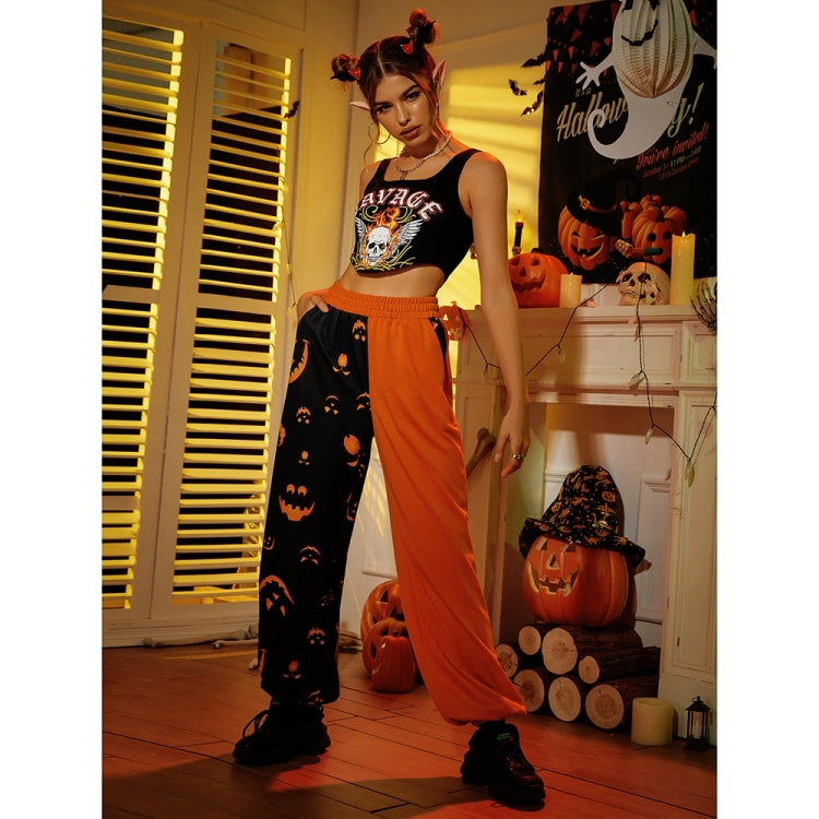 Halloween Personality Pumpkin Print Stitching Casual Trousers for Women