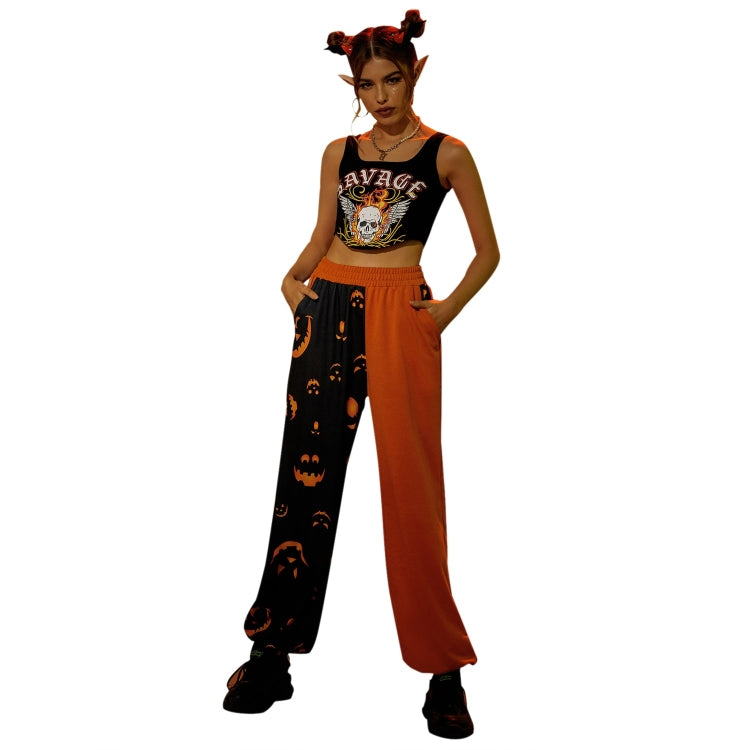 Halloween Personality Pumpkin Print Stitching Casual Trousers for Women