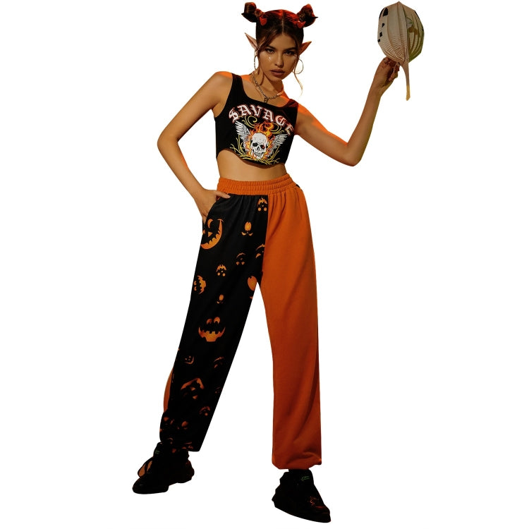 Halloween Personality Pumpkin Print Stitching Casual Trousers for Women