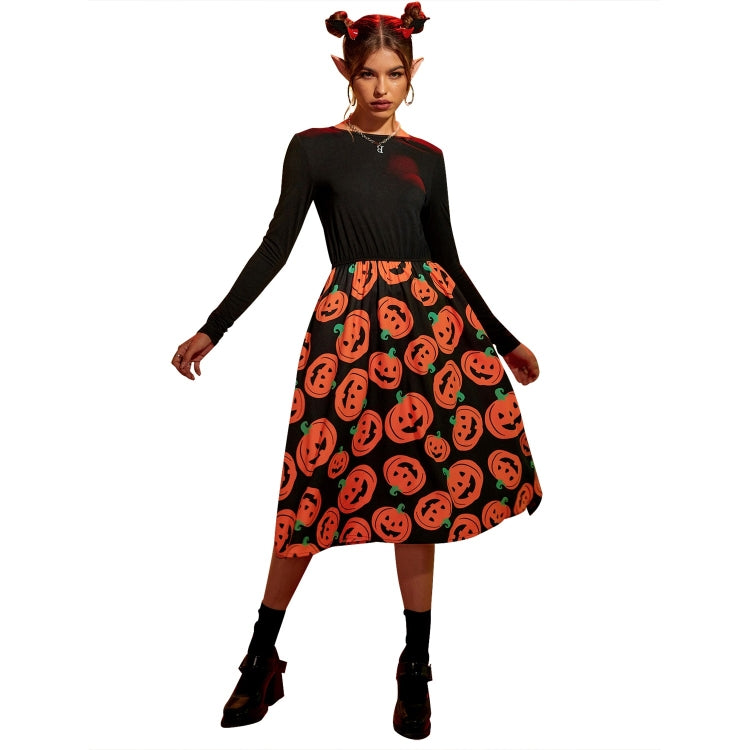 Halloween Personality Pumpkin Print Stitching Round Neck Big Swing Dress for Women