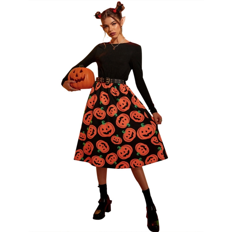 Halloween Personality Pumpkin Print Stitching Round Neck Big Swing Dress for Women