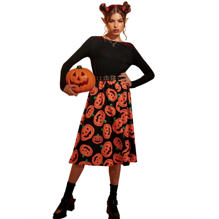 Halloween Personality Pumpkin Print Stitching Round Neck Big Swing Dress for Women