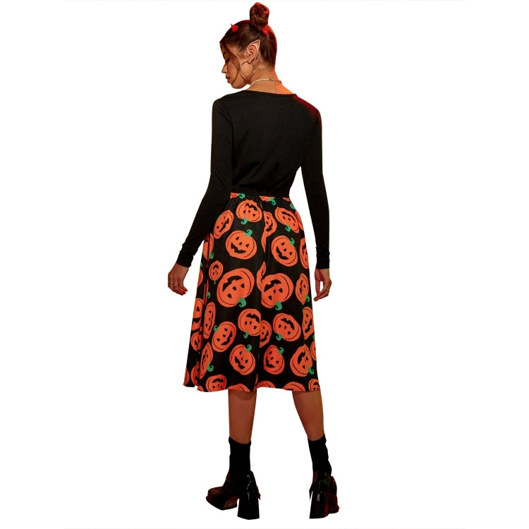 Halloween Personality Pumpkin Print Stitching Round Neck Big Swing Dress for Women