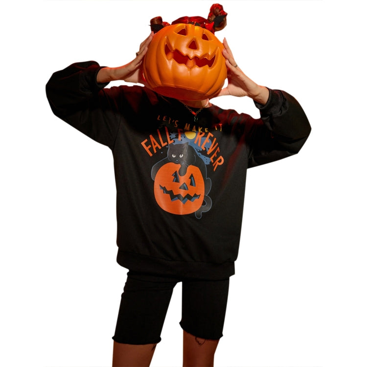 Halloween Personalized Letter Cat Pumpkin Print Round Neck Long Sleeve Casual Sweatshirt for Women
