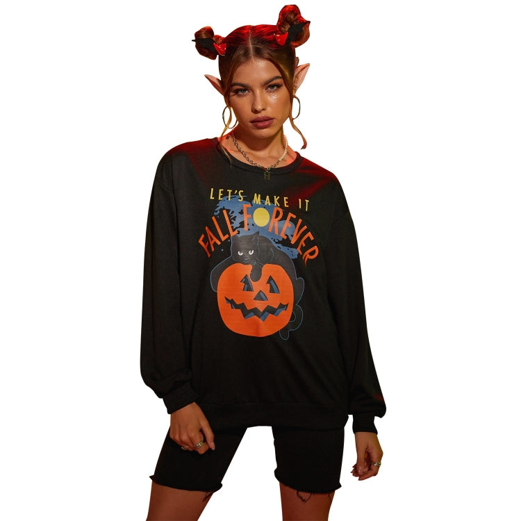 Halloween Personalized Letter Cat Pumpkin Print Round Neck Long Sleeve Casual Sweatshirt for Women