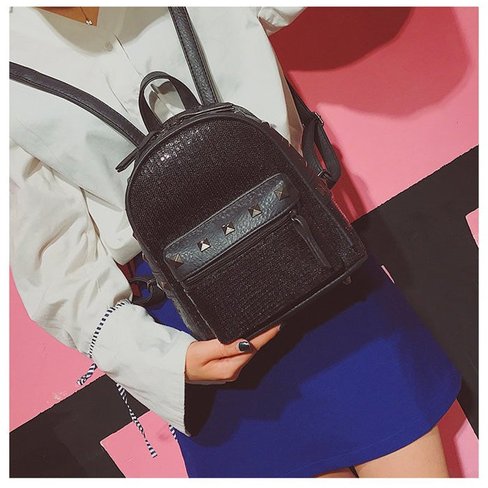 Cute Glitter Bling Backpack Rivet PU Leather Double-shoulder School Bag