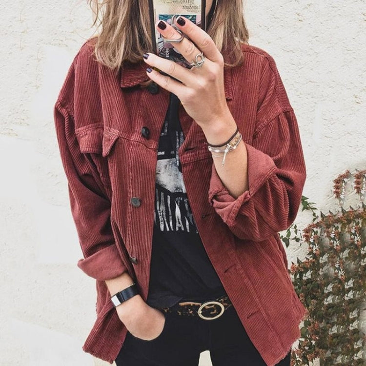 Lapel Long Sleeve Corduroy Jacket Shirt Loose Casual Cardigan Jacket for Ladies
