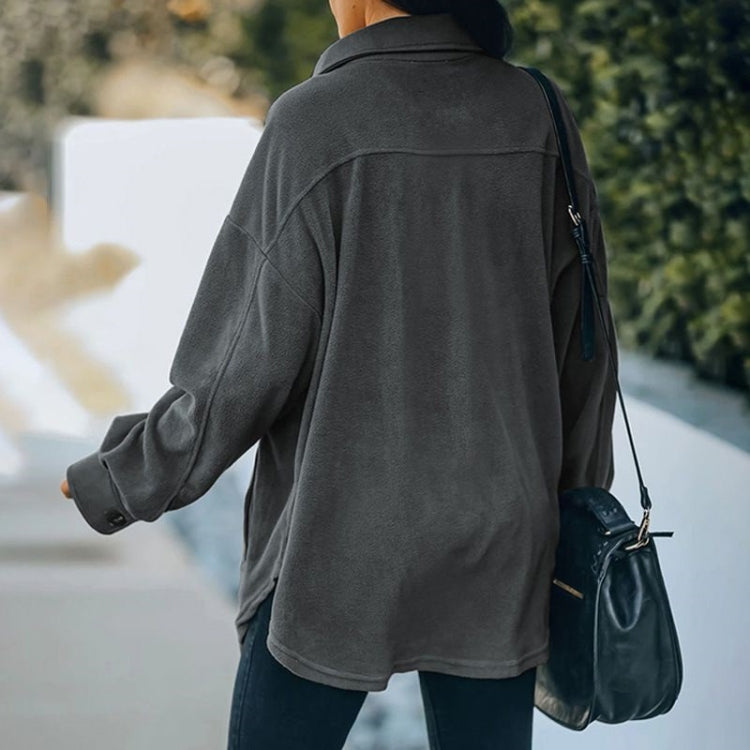 Solid Color Lapel Long-sleeved Polar Fleece Jacket Shirt Loose Casual Cardigan Jacket for Ladies