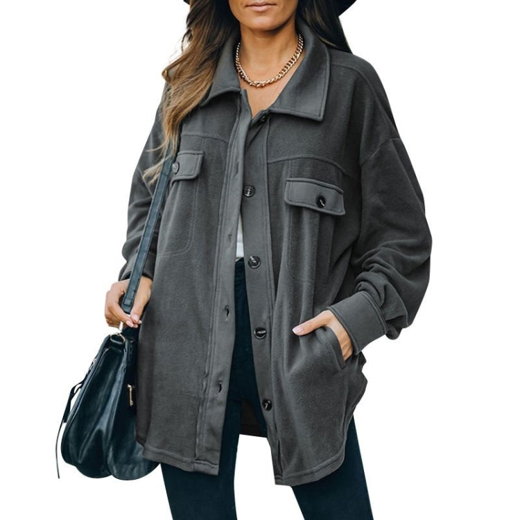 Solid Color Lapel Long-sleeved Polar Fleece Jacket Shirt Loose Casual Cardigan Jacket for Ladies