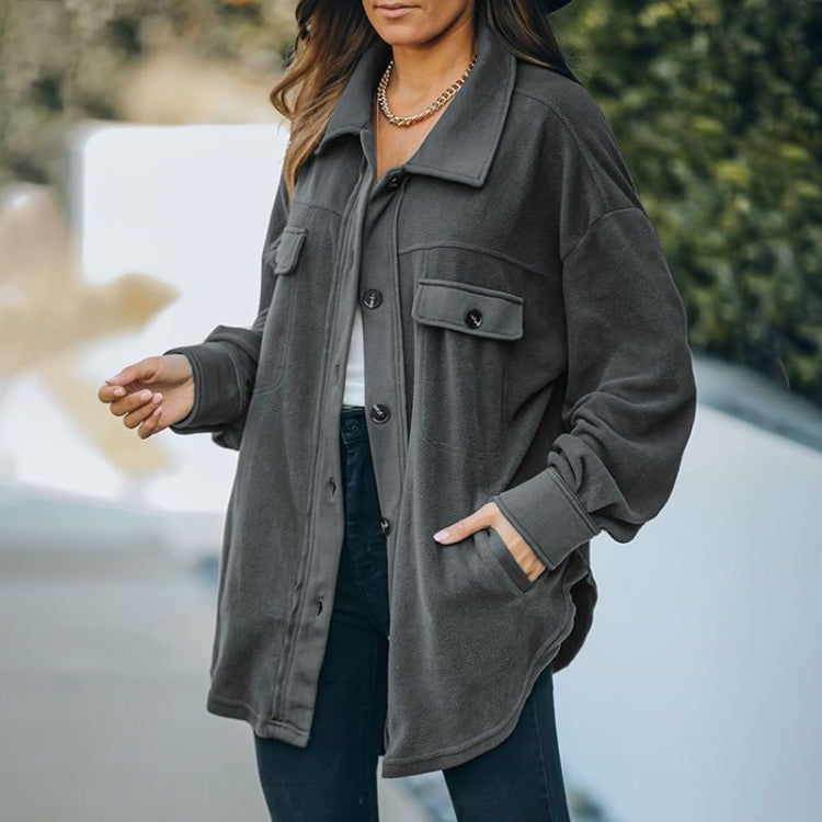 Solid Color Lapel Long-sleeved Polar Fleece Jacket Shirt Loose Casual Cardigan Jacket for Ladies