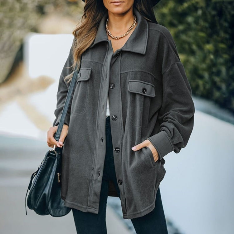 Solid Color Lapel Long-sleeved Polar Fleece Jacket Shirt Loose Casual Cardigan Jacket for Ladies