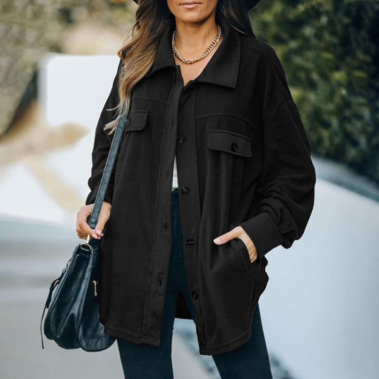 Solid Color Lapel Long-sleeved Polar Fleece Jacket Shirt Loose Casual Cardigan Jacket for Ladies