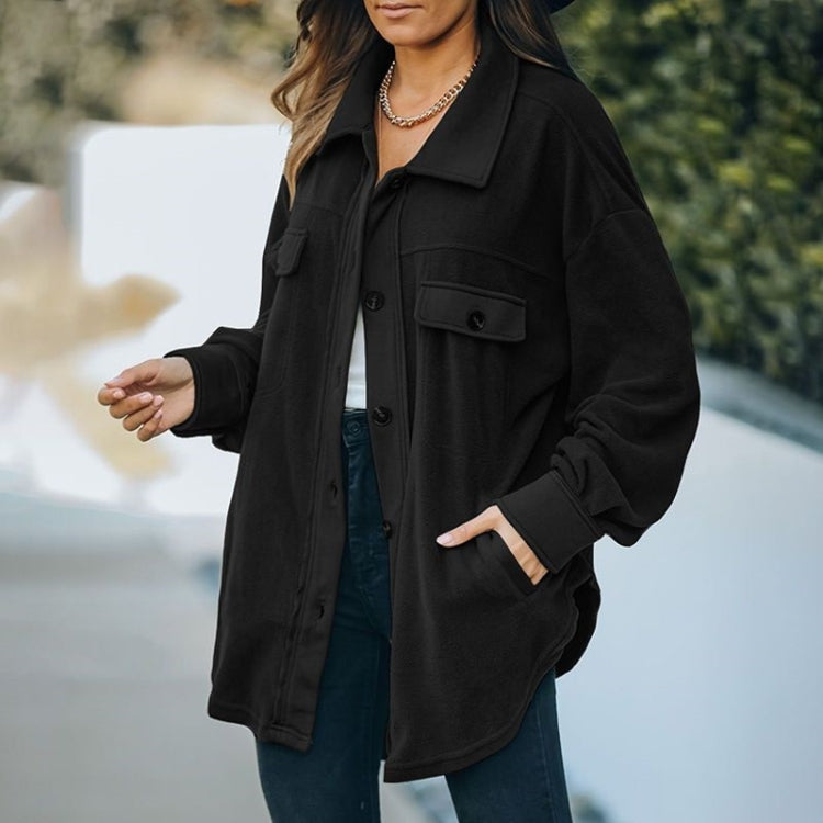 Solid Color Lapel Long-sleeved Polar Fleece Jacket Shirt Loose Casual Cardigan Jacket for Ladies
