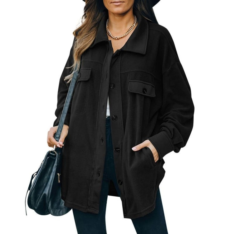 Solid Color Lapel Long-sleeved Polar Fleece Jacket Shirt Loose Casual Cardigan Jacket for Ladies