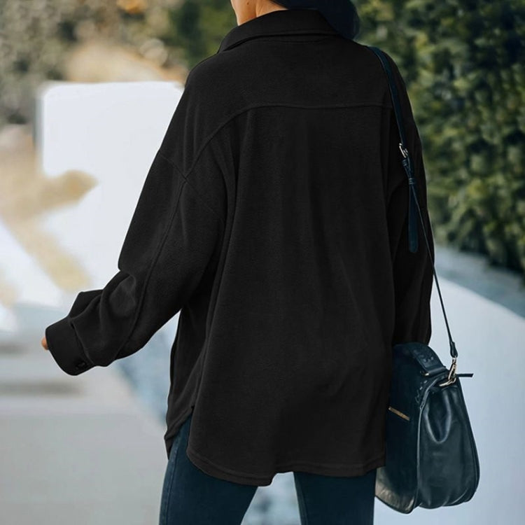 Solid Color Lapel Long-sleeved Polar Fleece Jacket Shirt Loose Casual Cardigan Jacket for Ladies