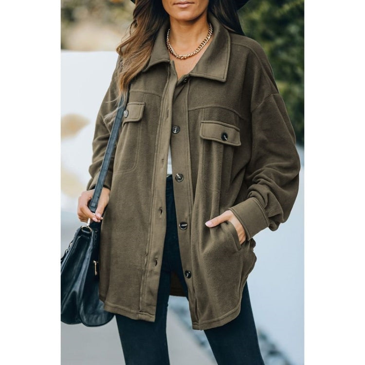 Solid Color Lapel Long-sleeved Polar Fleece Jacket Shirt Loose Casual Cardigan Jacket for Ladies