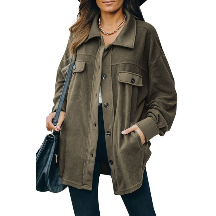 Solid Color Lapel Long-sleeved Polar Fleece Jacket Shirt Loose Casual Cardigan Jacket for Ladies
