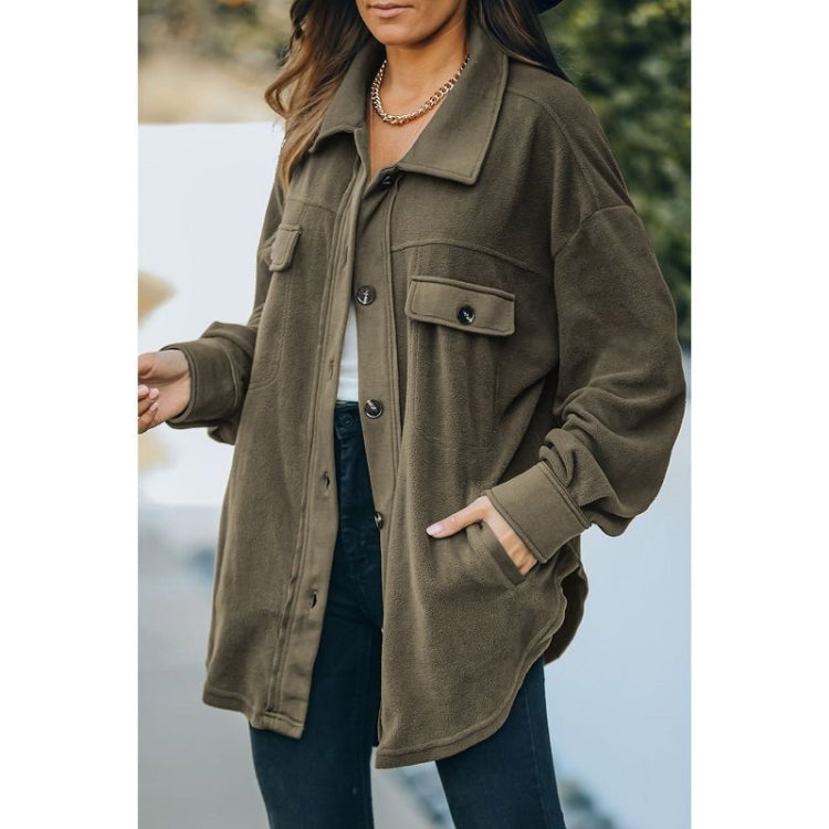 Solid Color Lapel Long-sleeved Polar Fleece Jacket Shirt Loose Casual Cardigan Jacket for Ladies