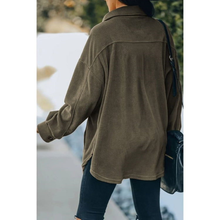 Solid Color Lapel Long-sleeved Polar Fleece Jacket Shirt Loose Casual Cardigan Jacket for Ladies