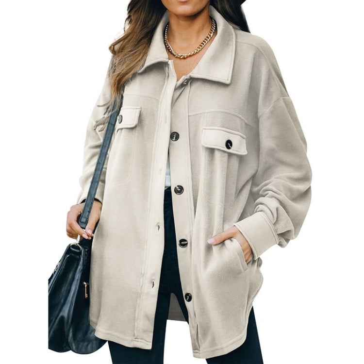 Solid Color Lapel Long-sleeved Polar Fleece Jacket Shirt Loose Casual Cardigan Jacket for Ladies