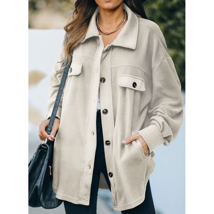 Solid Color Lapel Long-sleeved Polar Fleece Jacket Shirt Loose Casual Cardigan Jacket for Ladies
