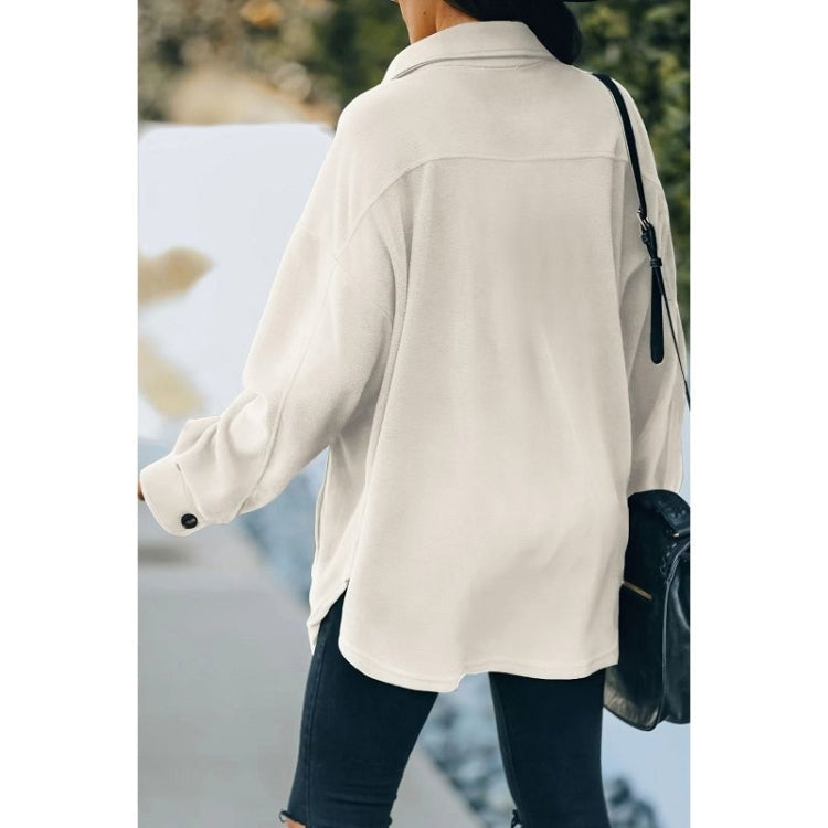 Solid Color Lapel Long-sleeved Polar Fleece Jacket Shirt Loose Casual Cardigan Jacket for Ladies