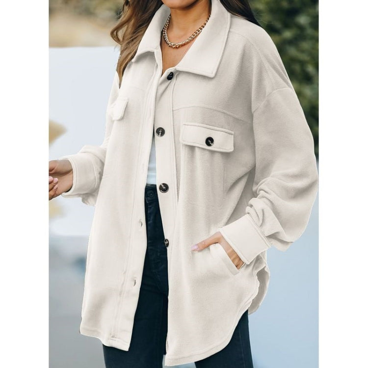 Solid Color Lapel Long-sleeved Polar Fleece Jacket Shirt Loose Casual Cardigan Jacket for Ladies