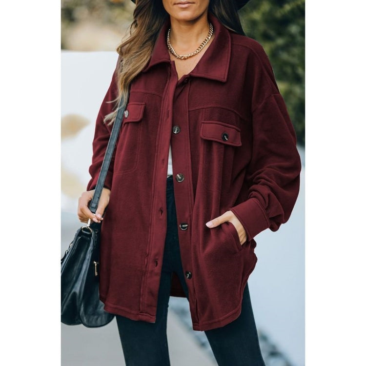 Solid Color Lapel Long-sleeved Polar Fleece Jacket Shirt Loose Casual Cardigan Jacket for Ladies