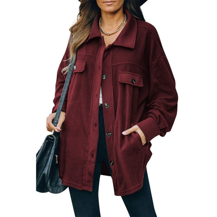 Solid Color Lapel Long-sleeved Polar Fleece Jacket Shirt Loose Casual Cardigan Jacket for Ladies