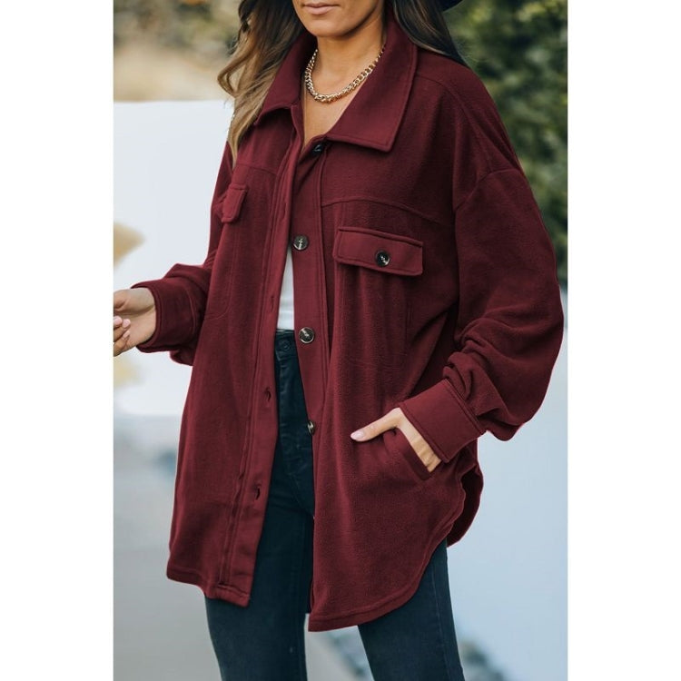 Solid Color Lapel Long-sleeved Polar Fleece Jacket Shirt Loose Casual Cardigan Jacket for Ladies