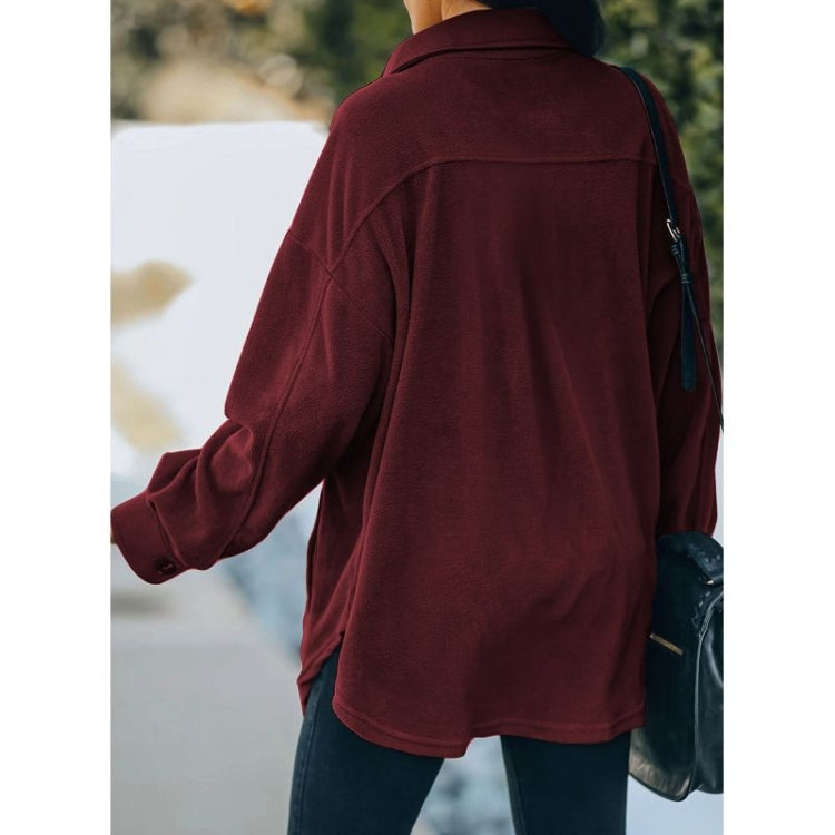Solid Color Lapel Long-sleeved Polar Fleece Jacket Shirt Loose Casual Cardigan Jacket for Ladies