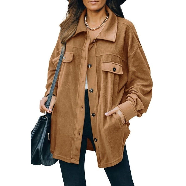 Solid Color Lapel Long-sleeved Polar Fleece Jacket Shirt Loose Casual Cardigan Jacket for Ladies