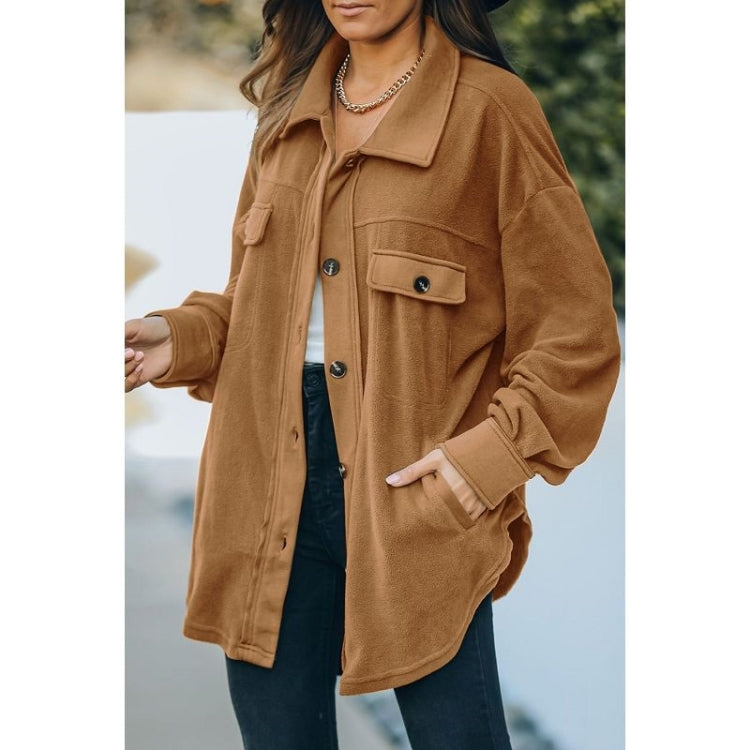 Solid Color Lapel Long-sleeved Polar Fleece Jacket Shirt Loose Casual Cardigan Jacket for Ladies