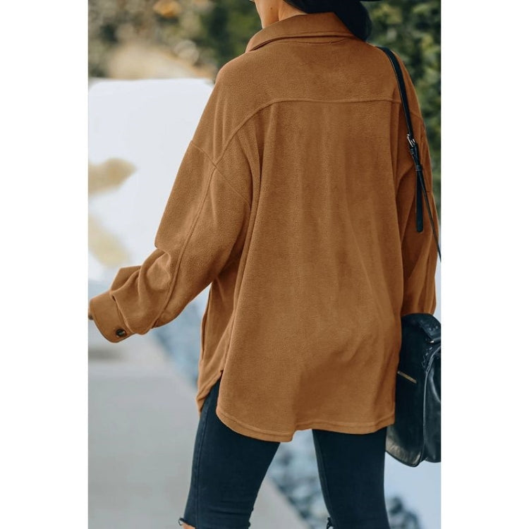 Solid Color Lapel Long-sleeved Polar Fleece Jacket Shirt Loose Casual Cardigan Jacket for Ladies