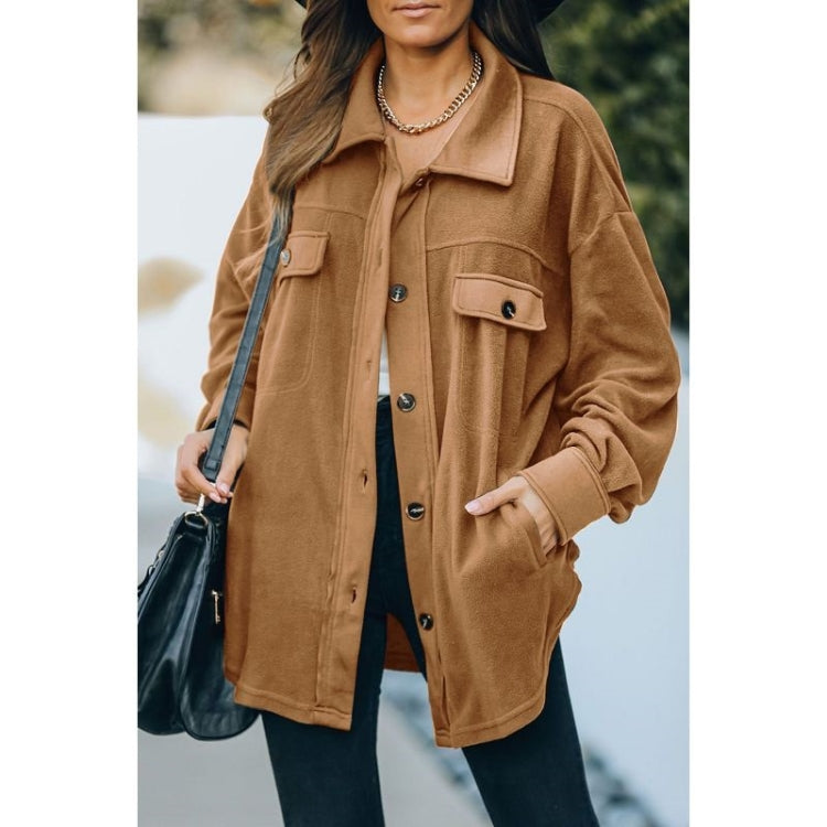 Solid Color Lapel Long-sleeved Polar Fleece Jacket Shirt Loose Casual Cardigan Jacket for Ladies
