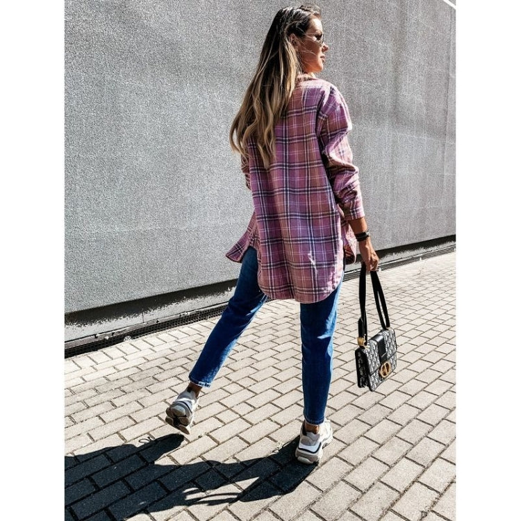 Lapel Long-sleeved Plaid Cardigan Shirt Loose Casual Woolen Coat for Ladies