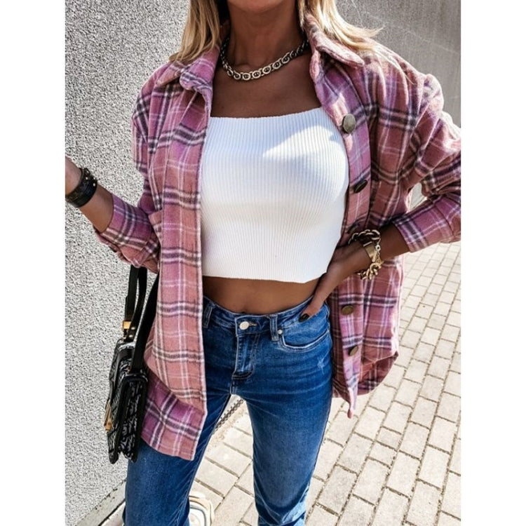 Lapel Long-sleeved Plaid Cardigan Shirt Loose Casual Woolen Coat for Ladies