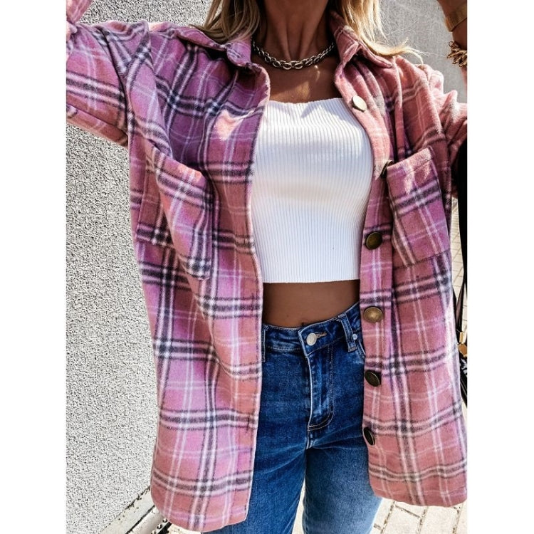 Lapel Long-sleeved Plaid Cardigan Shirt Loose Casual Woolen Coat for Ladies