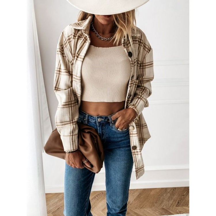 Lapel Long-sleeved Plaid Cardigan Shirt Loose Casual Woolen Coat for Ladies