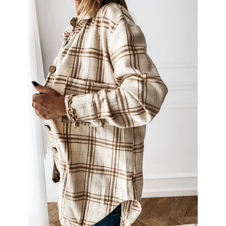 Lapel Long-sleeved Plaid Cardigan Shirt Loose Casual Woolen Coat for Ladies