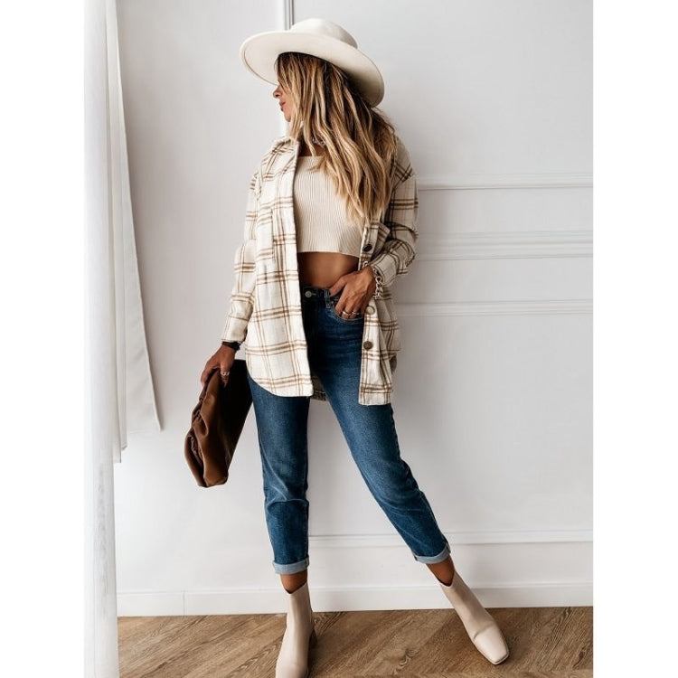 Lapel Long-sleeved Plaid Cardigan Shirt Loose Casual Woolen Coat for Ladies
