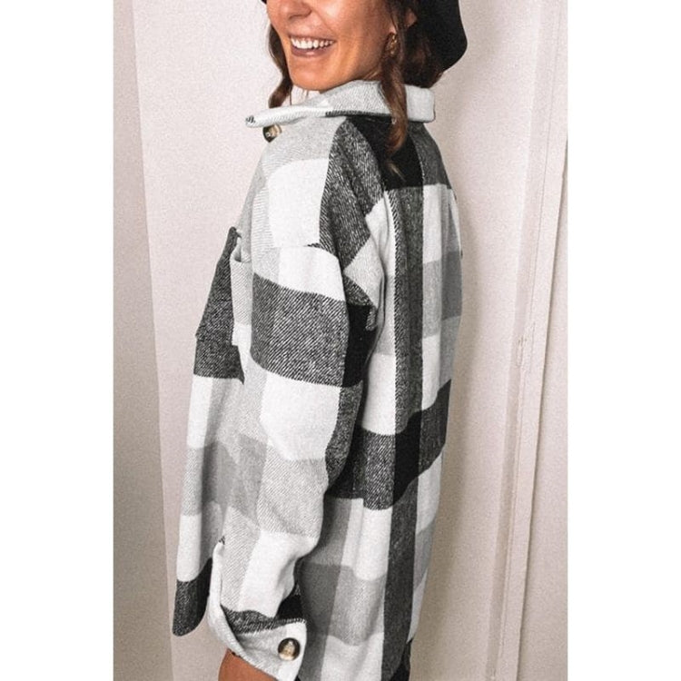 Lapel Long Sleeve Flannel Check Shirt Loose Casual Cardigan Jacket for Ladies