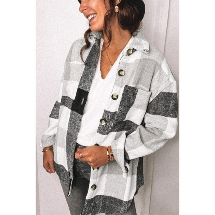 Lapel Long Sleeve Flannel Check Shirt Loose Casual Cardigan Jacket for Ladies