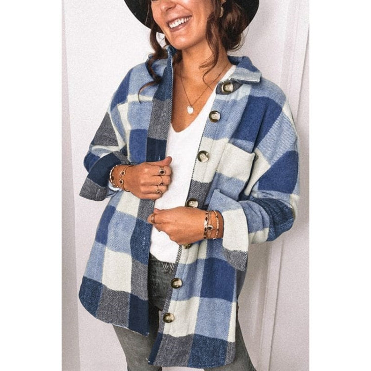 Lapel Long Sleeve Flannel Check Shirt Loose Casual Cardigan Jacket for Ladies