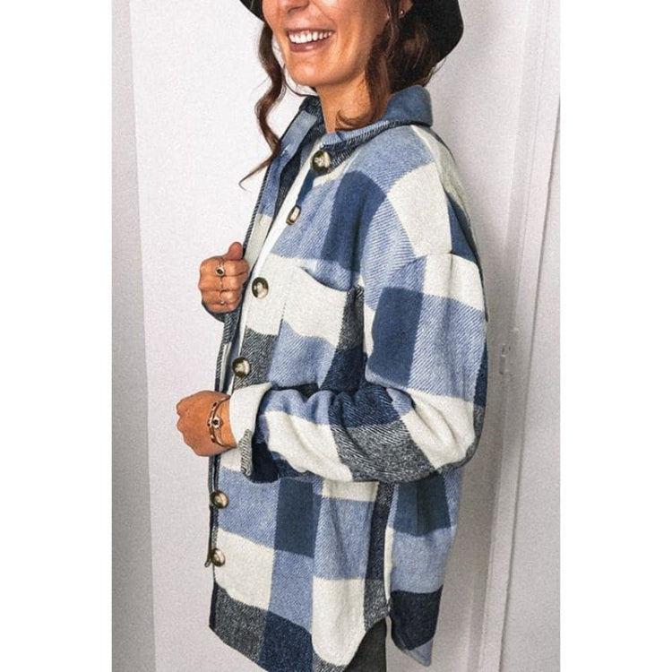 Lapel Long Sleeve Flannel Check Shirt Loose Casual Cardigan Jacket for Ladies