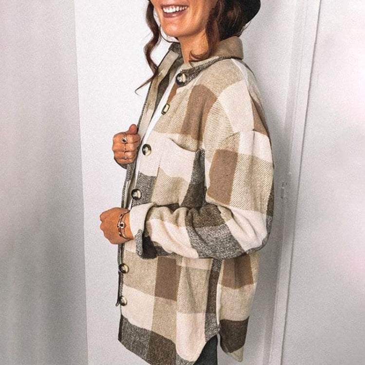 Lapel Long Sleeve Flannel Check Shirt Loose Casual Cardigan Jacket for Ladies