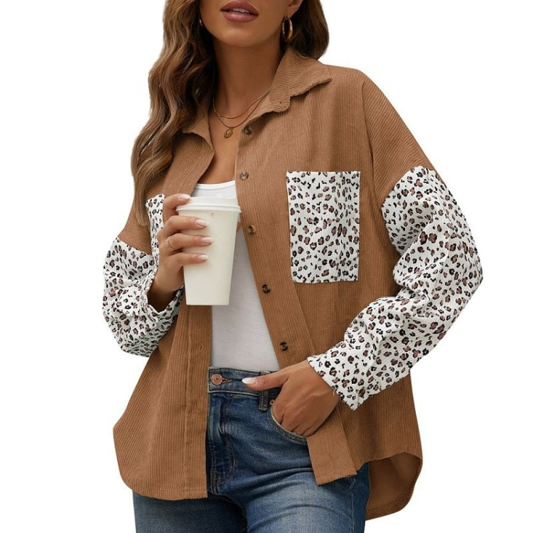 Lapel Long Sleeve Leopard Color Matching Corduroy Jacket Shirt Loose Casual Cardigan Jacket for Ladies