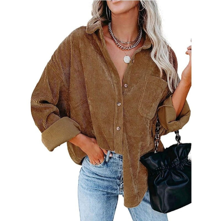 Solid Color Lapel Long Sleeve Corduroy Loose Casual Shirt With Pockets for Ladies
